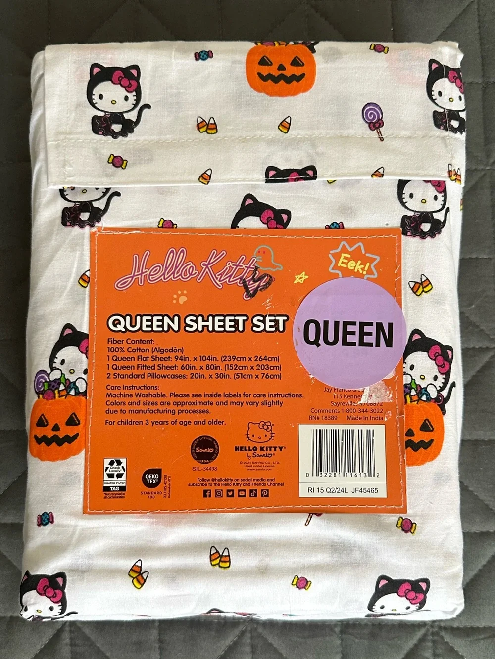 Hello Kitty Halloween Queen Sheet Set Black Orange Ghost Pumpkin NWT